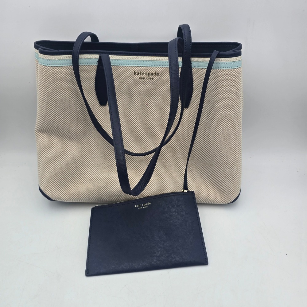 Kate Spade Cream Canvas Navy Leather Tote Bag Matching Pouch